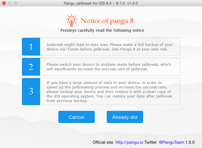 Pangu 8 jailbreak warnings