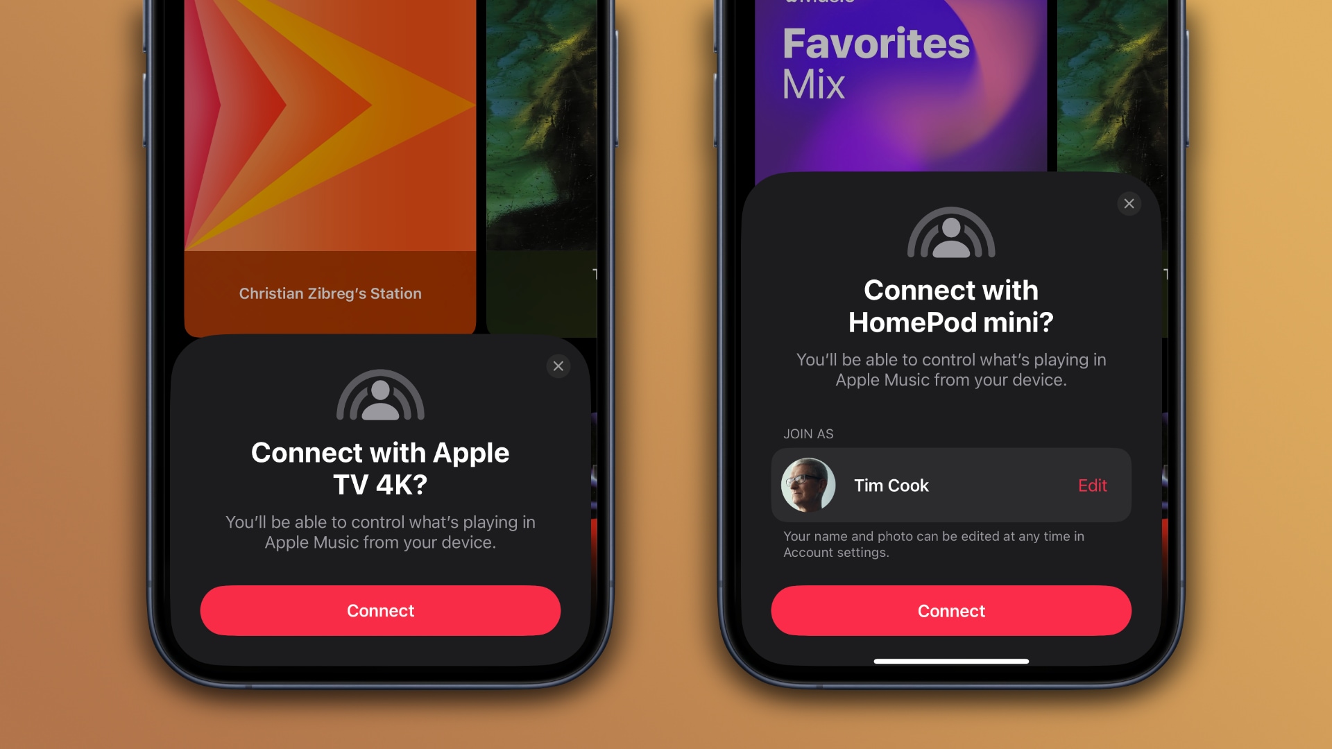iPhones showing a card to connect to another person's HomePod or Apple TV