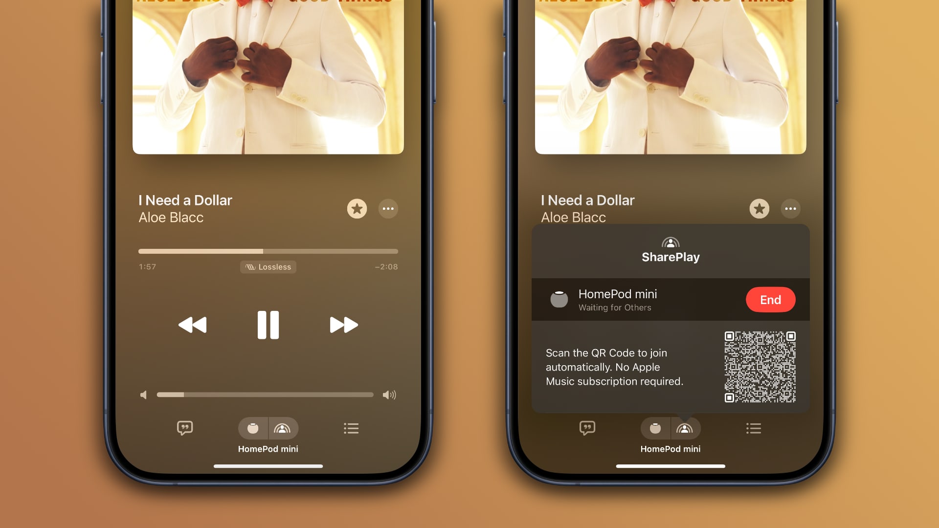 Music app on iPhone displaying QR code to control music on HomePod mini