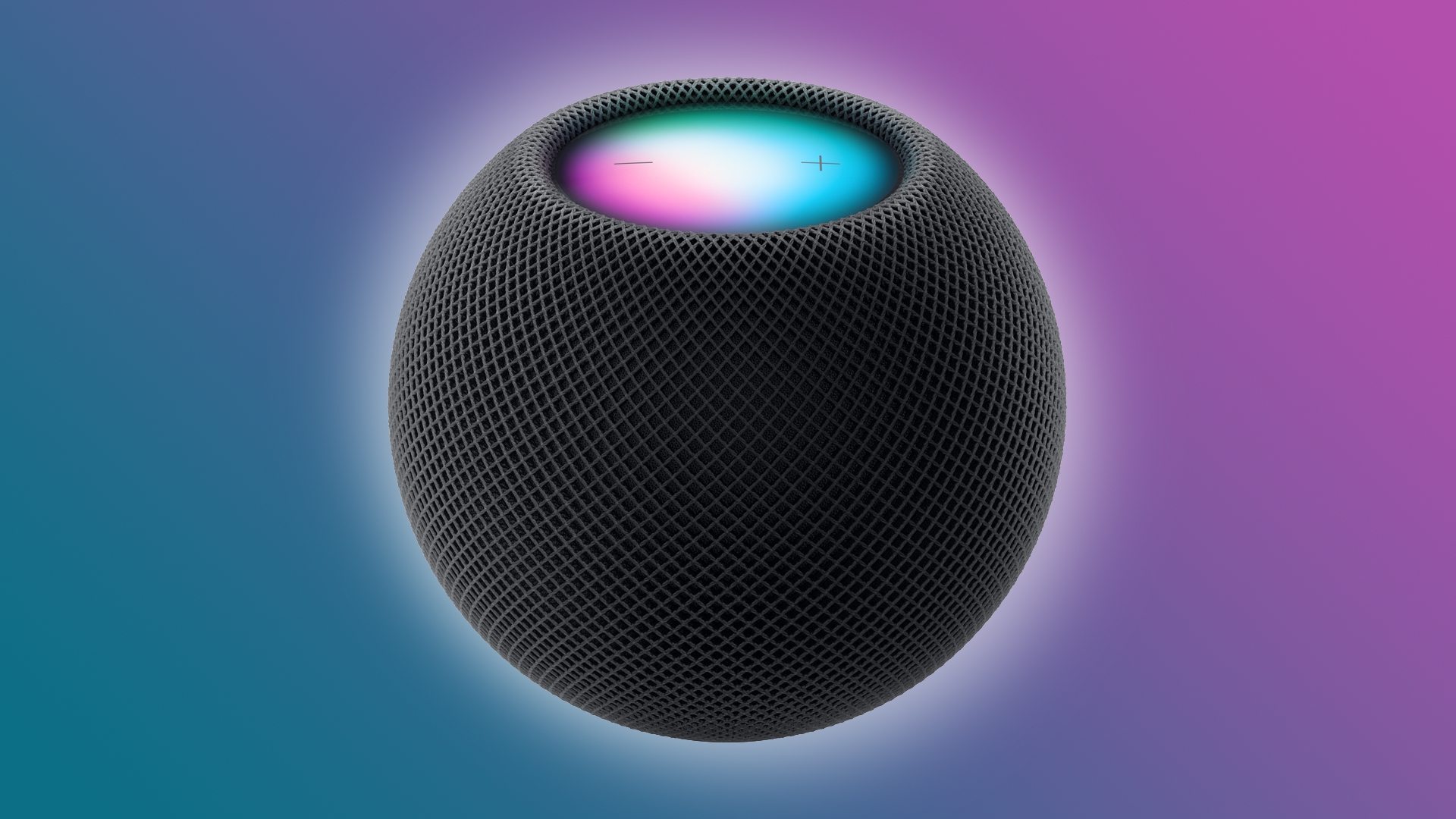 HomePod mini in the Space Gray-like Midnight color, set against a color gradient background