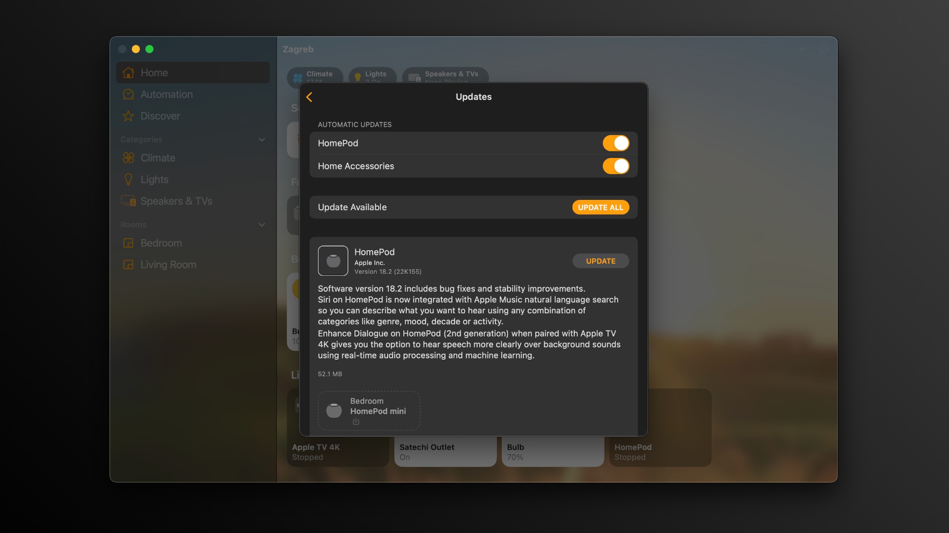 Apple Home app on a Mac showing a prompt to install HomePod software 18.2.