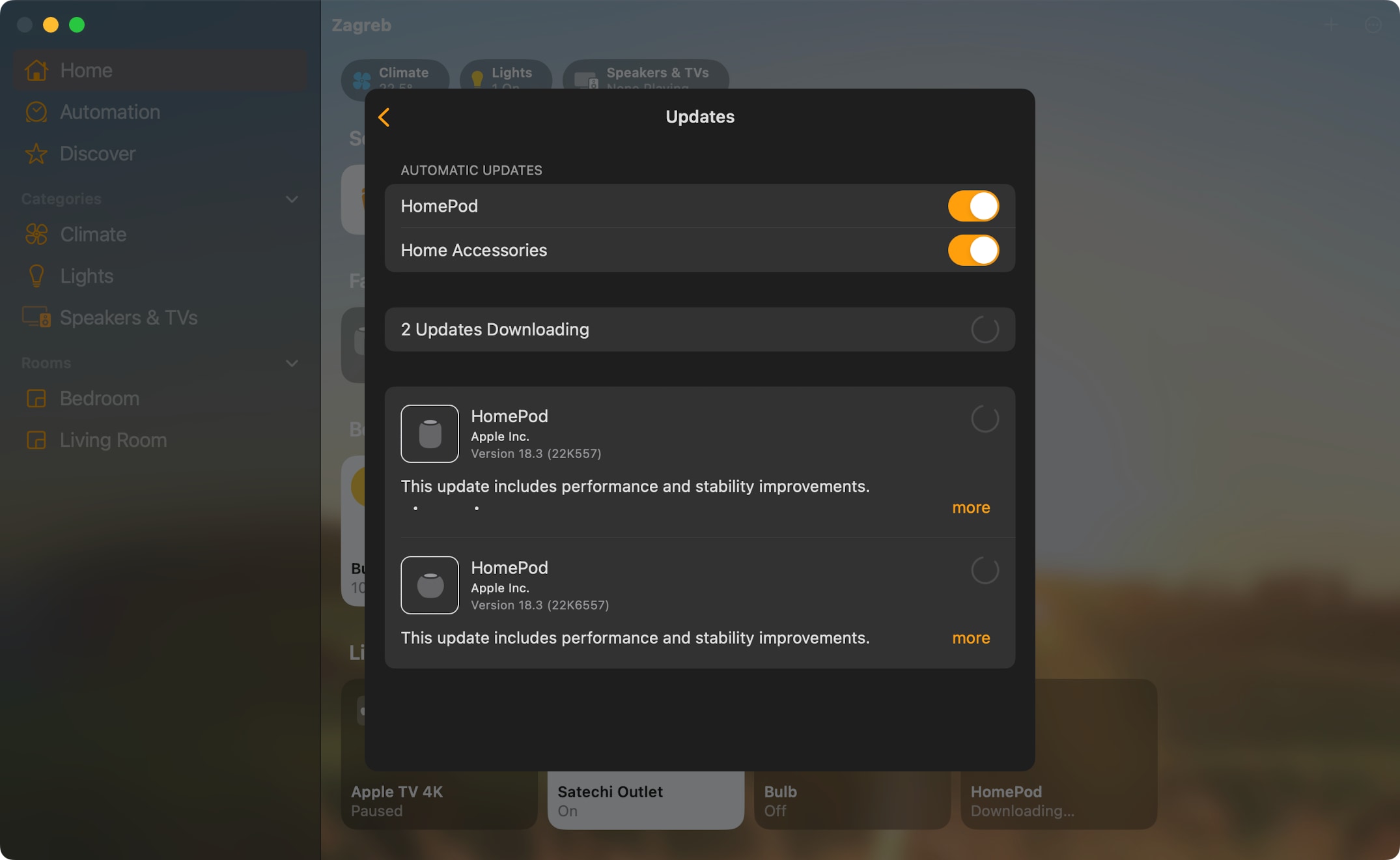 The Home app on a Mac downloading a HomePod software update.