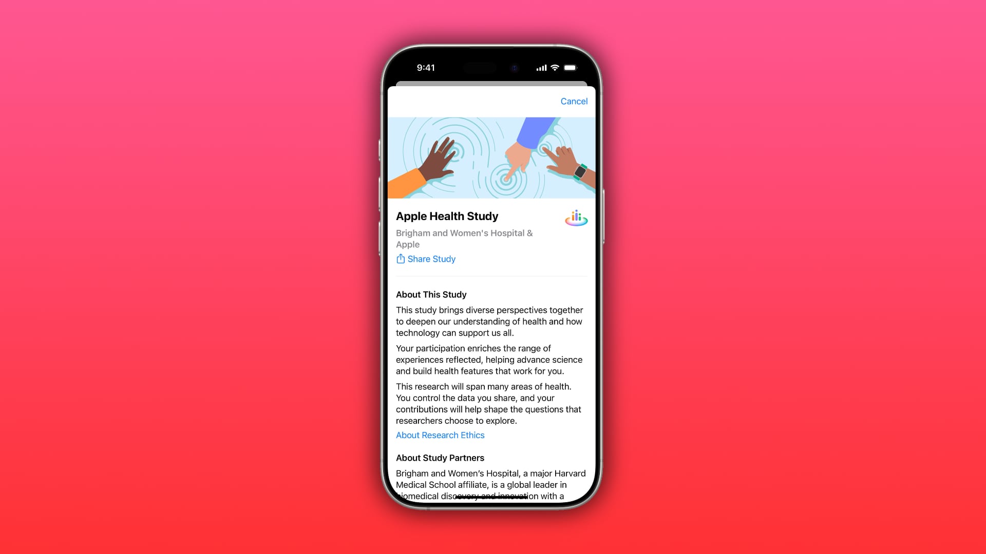 The description of the Apple Health Study in the Apple Research app on iPhone.