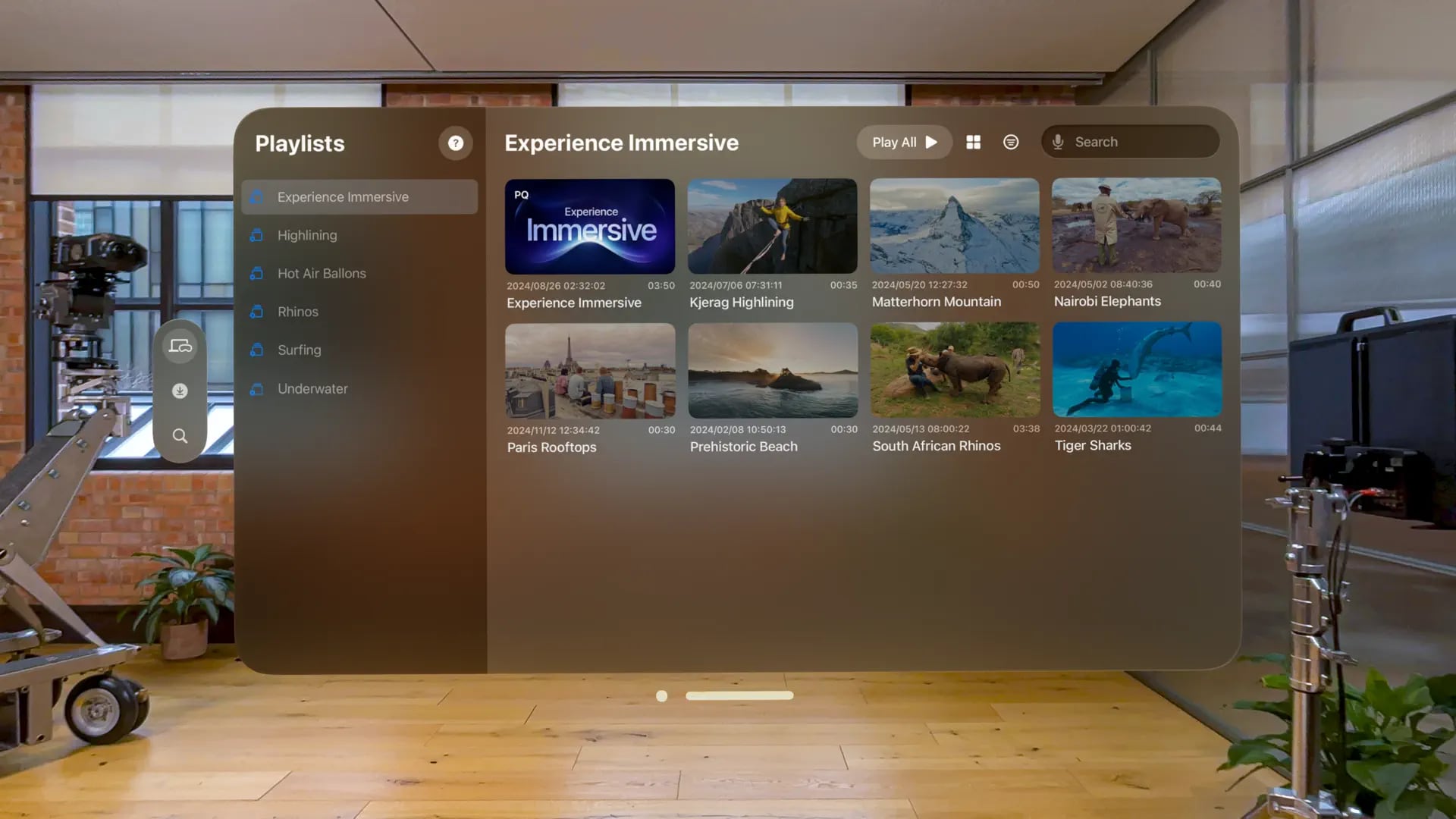 Immersive video playlists on the Vision Pro headset.