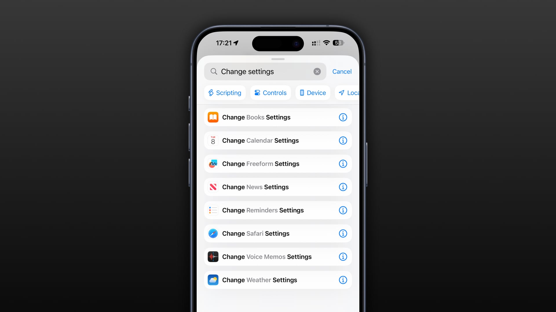 Framed iPhone screenshots displaying the Shortcuts app listing new settings-related actions in iOS 18.4.