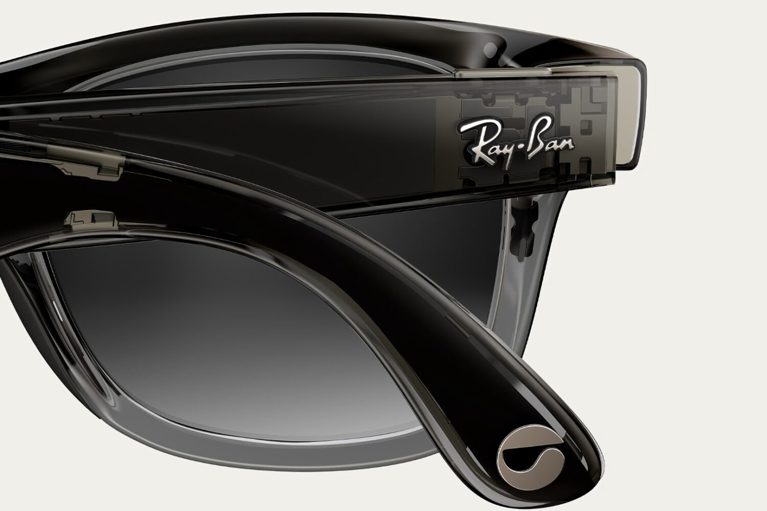 Closeup of the limited-edition Ray-Ban Meta AI glasses.