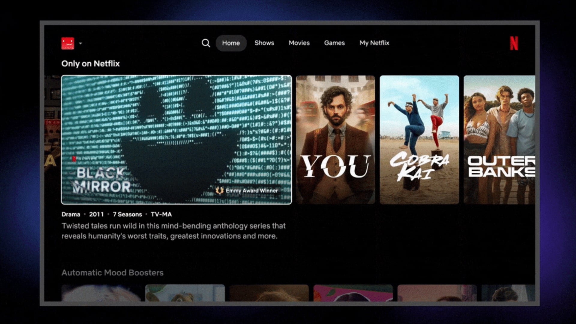 Netflix for Apple TV displaying the "Only on Netflix" section on the homepage.