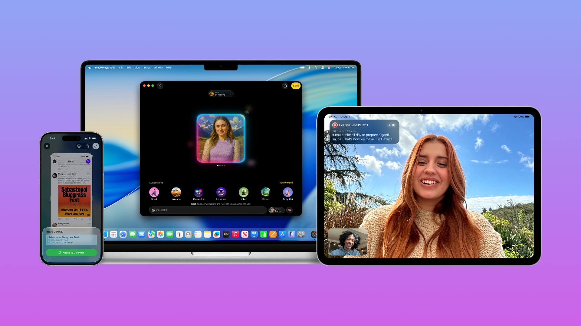 iPhone, iPad and Mac set against a colorful gradient background, showcasing visual intelligence in apps (left), Genmoji on Mac (center) and live translation in iPad (right).