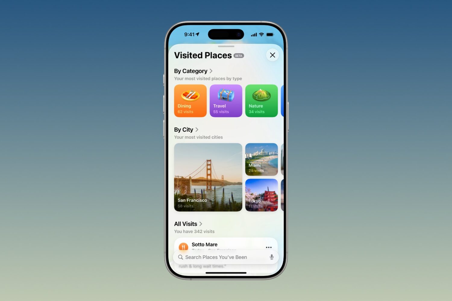 iPhone running the Apple Maps app, which is showcasing the Visited Places section.