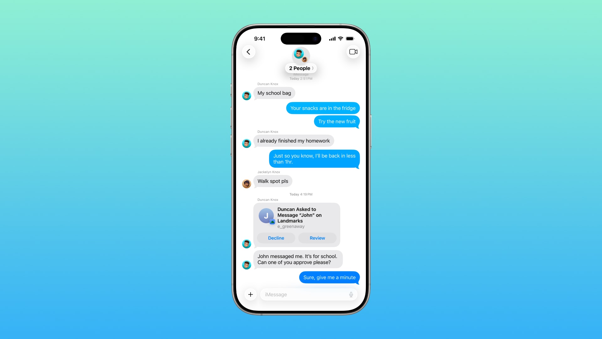Framed iPhone screenshot showing a prompt in the Messages app seeking permission from a parent to allow their child to text a new phone number.