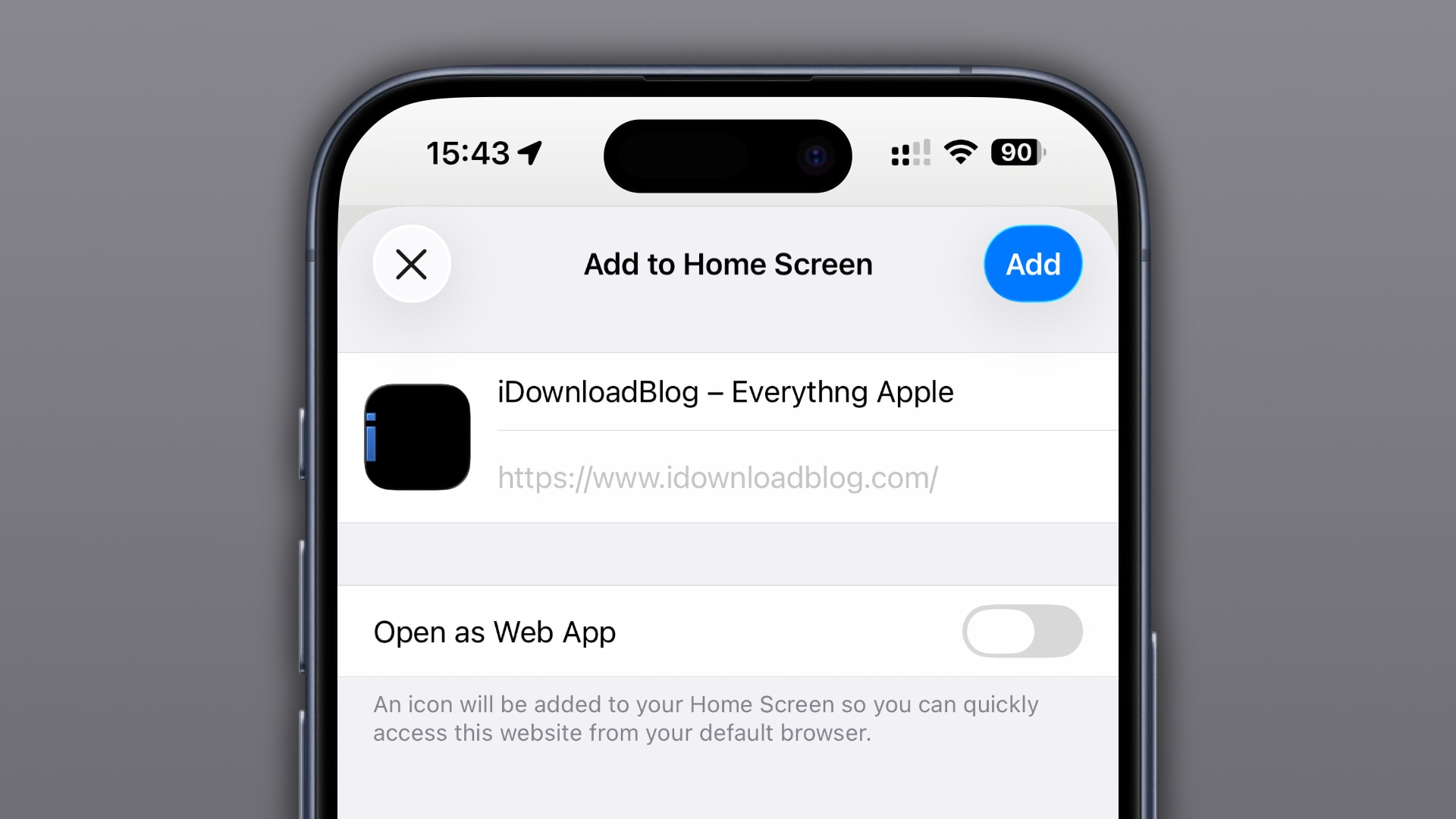 Safari for iPhone displaying the Add to Home Screen feature with the Open as Web App switch turned off.
