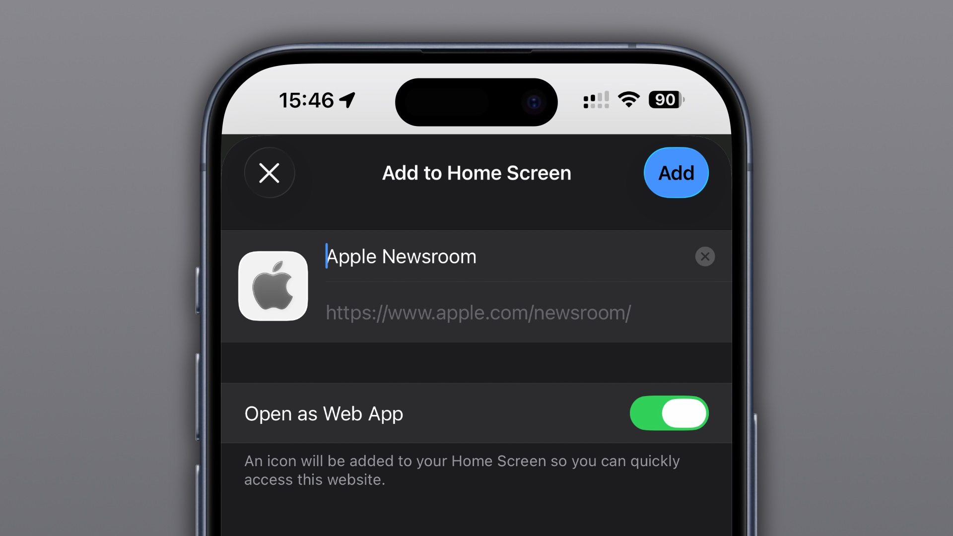 iPhone screenshot showing saving a website to the Home Screen in Safari.