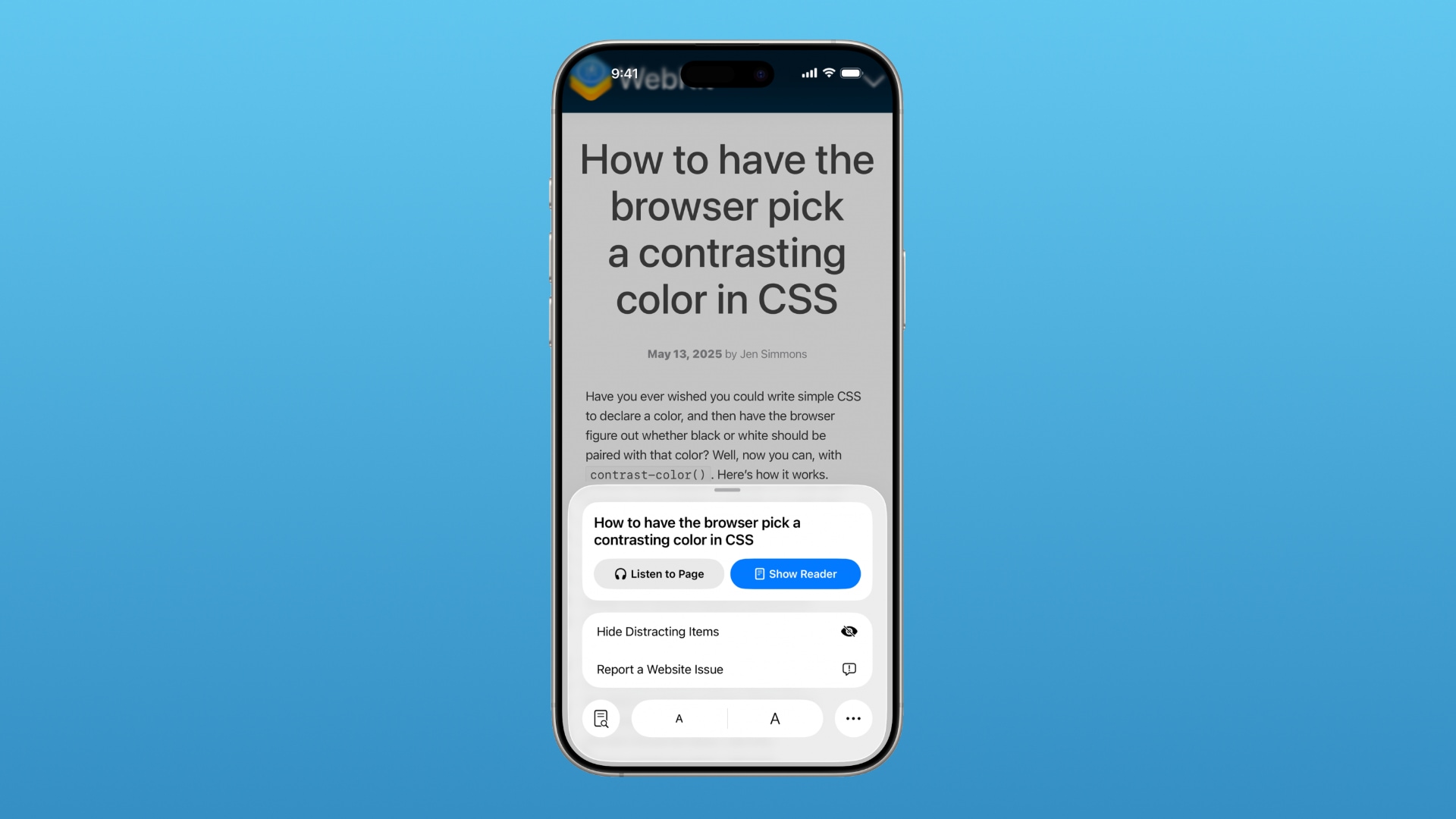 Safari on iPhone displaying the Page menu with the option to report website issues.