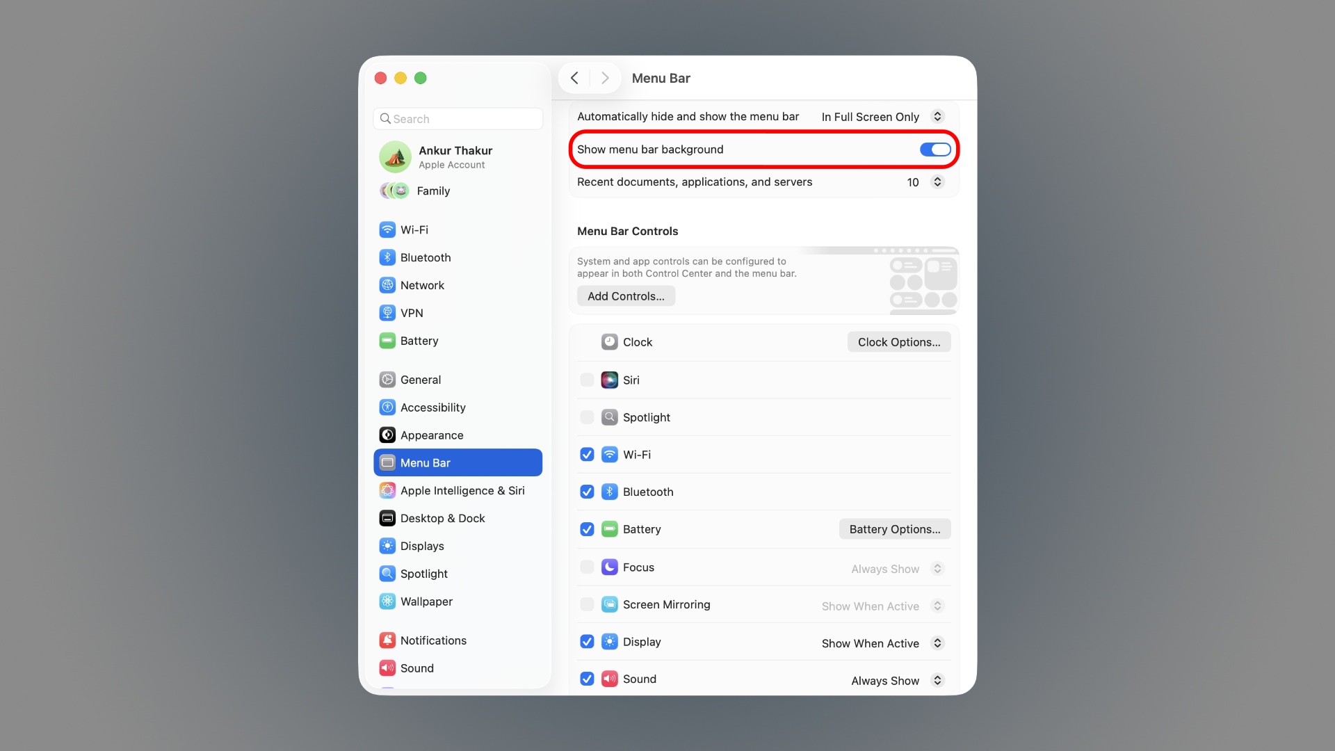 macOS System Settings displaying the menu bar options with the setting to use the menu bar background enabled.