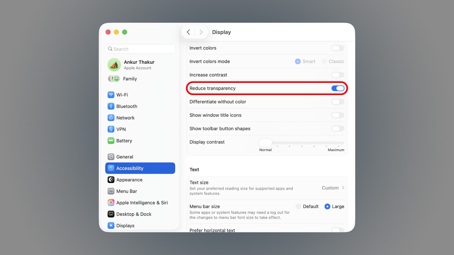 macOS System Settings with the Reduce Transparency accessibility option turned on.