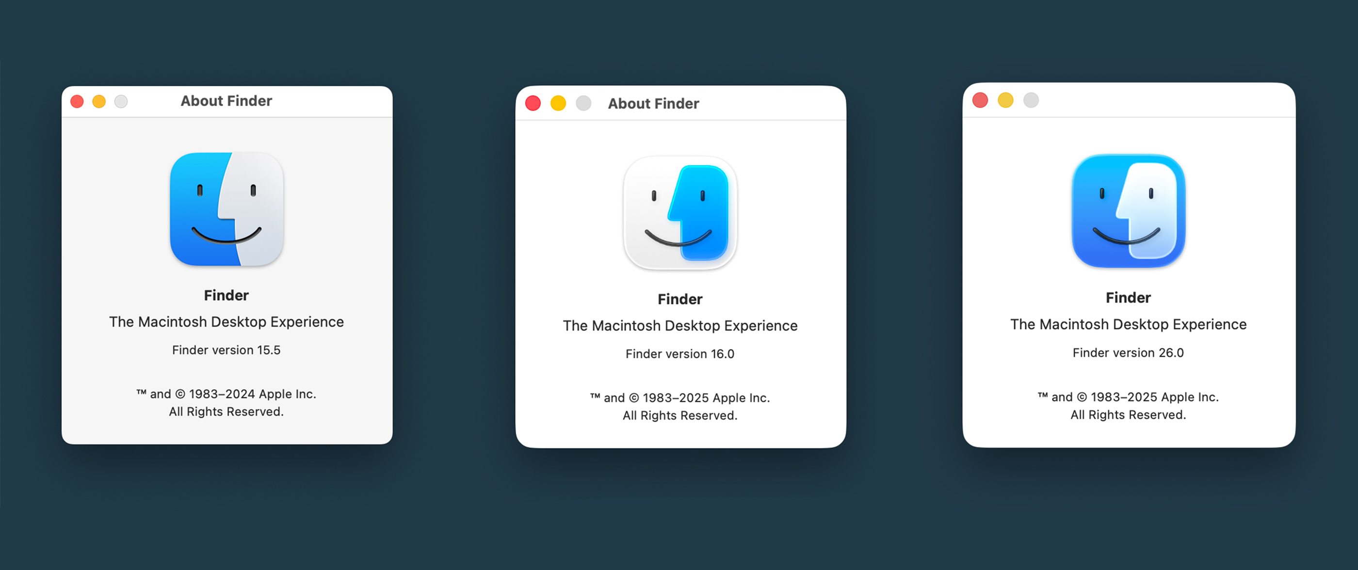 Three side-by-side images showcasing the differences in the Finder icon design on macOS Sequoia, at left, macOS Tahoe beta 1, in the center, and the second beta of macOS Tahoe, at right.