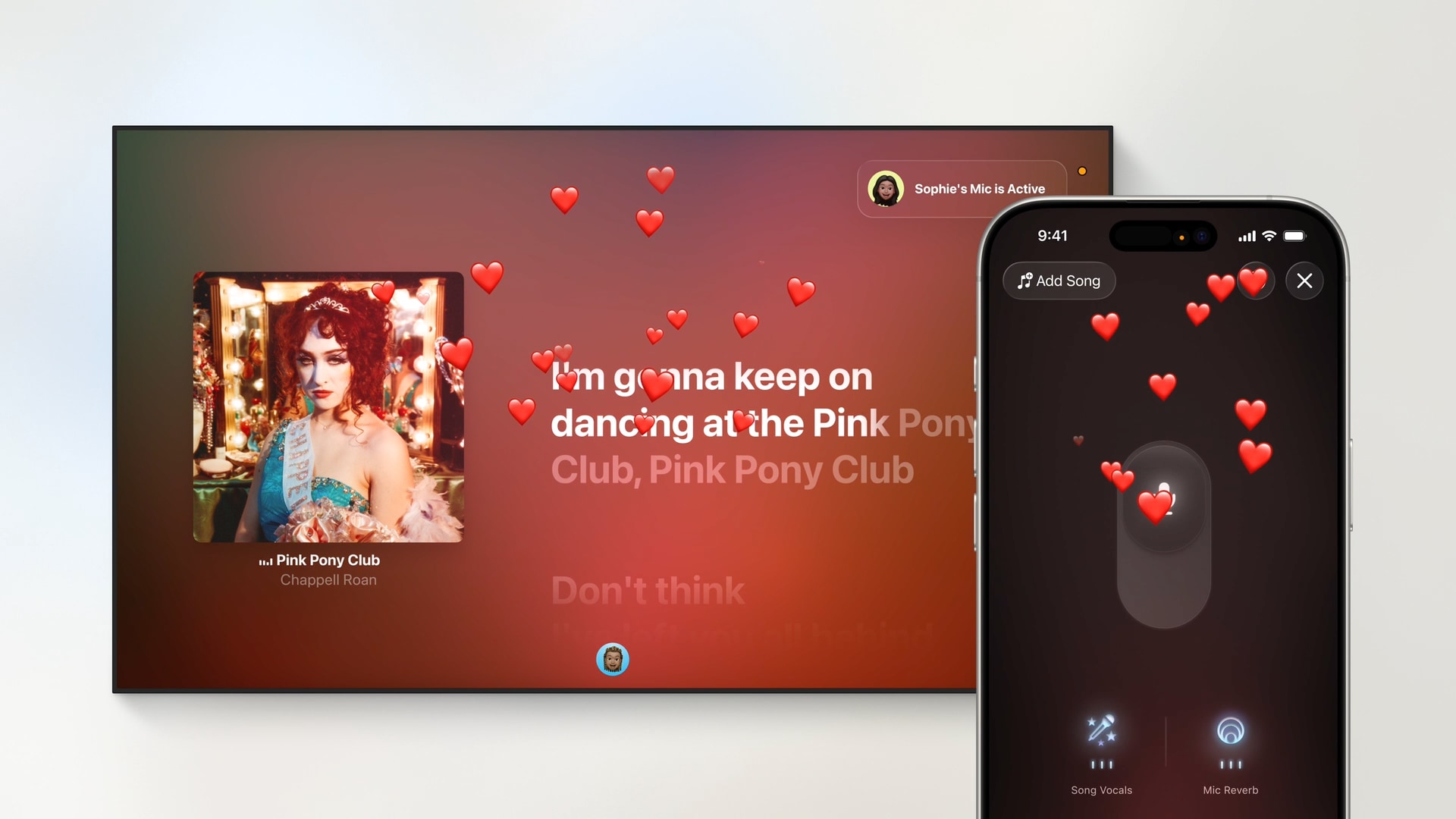 TV next to iPhone showcasing Apple Music karaoke song lyrics and animated hearts overlaid on top.