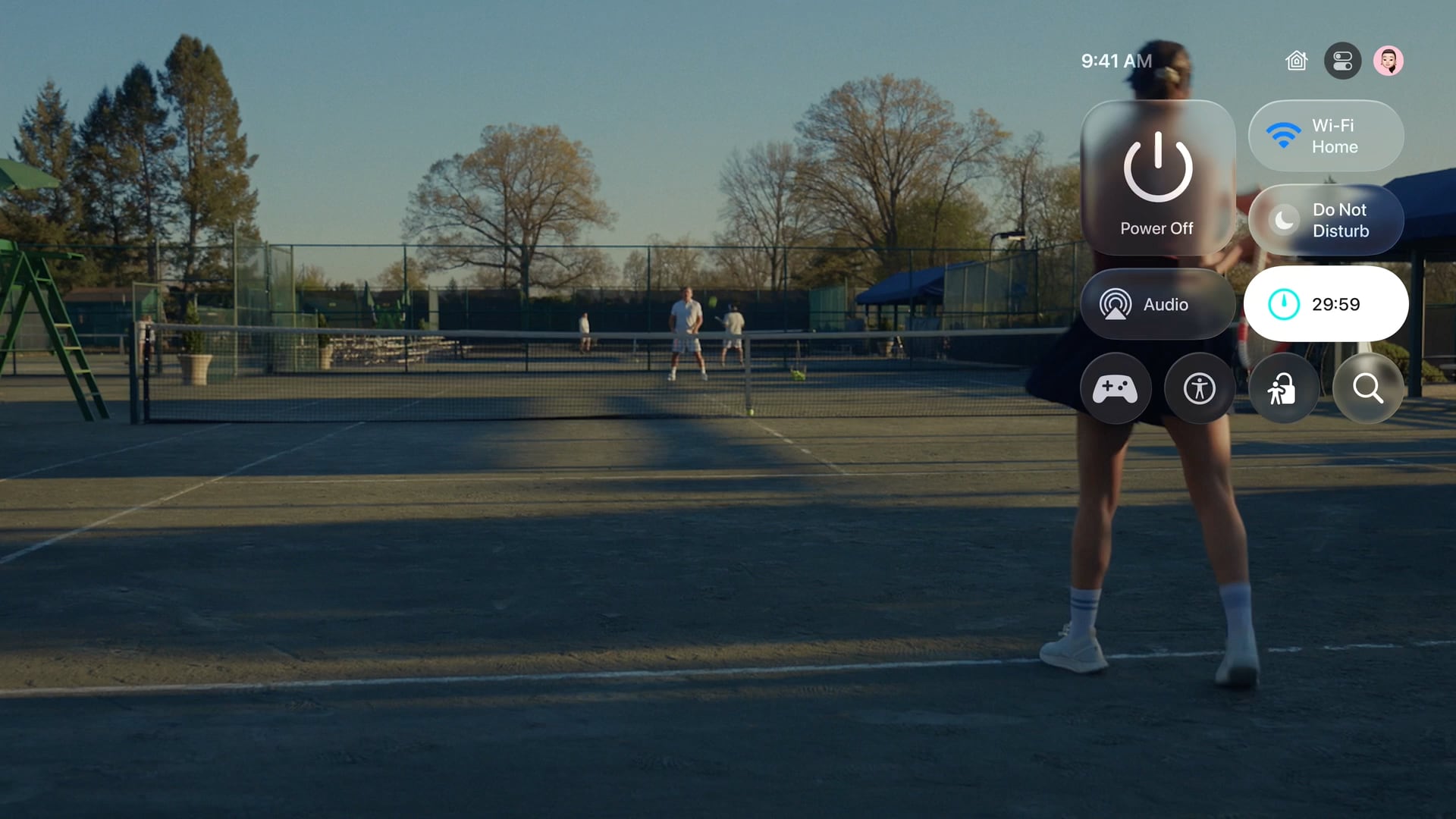 Still from a movie with the Apple TV video controls at the bottom and the resigned Control Center overlaid vertically alongside the right edge.