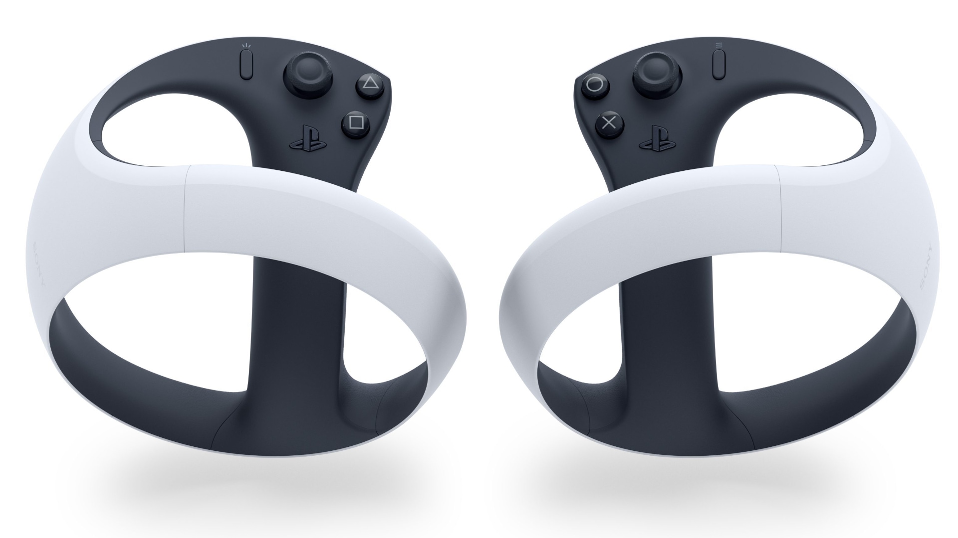 Two Sony PlayStation VR2 motion controllers next to each other.