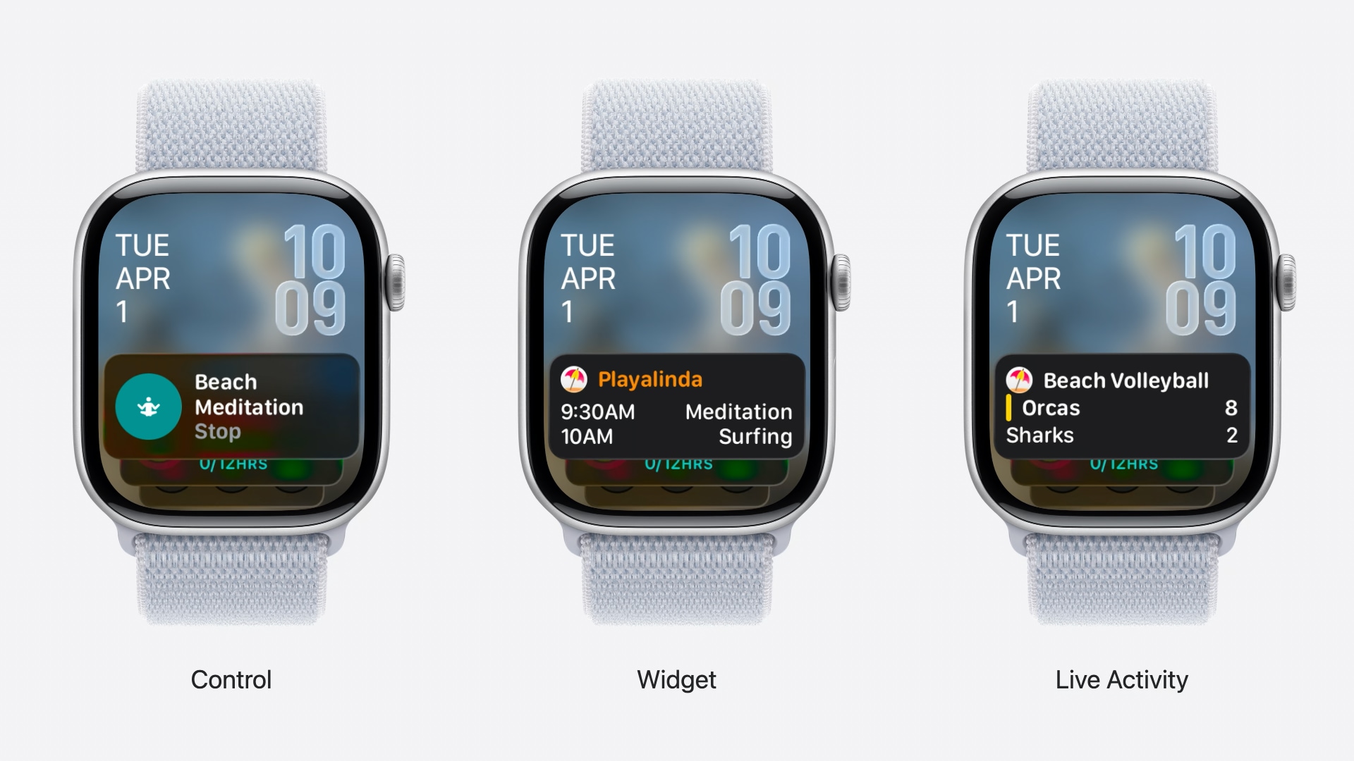 Three framed Apple Watch screenshots showcasing controls, widgets and liver activities in the Smart Stack.